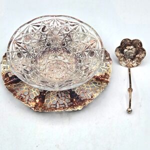 Queen Anne Royal Party Dish w/Spoon Glass Bowl Gold Color Silver Plated England